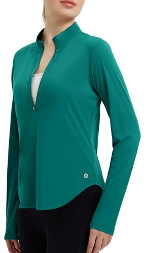 BALEAF Camisetas de manga larga para mujer, con media cremallera, para gimnasio, correr, senderismo, UPF 50+, de secado rápido, verde, XL