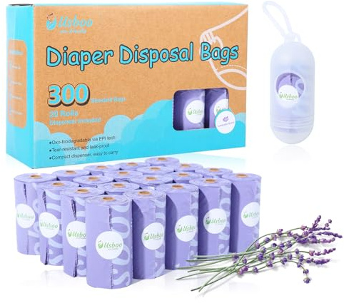 USBOO Bolsas de pañales desechables perfumadas, 20 rollos de recambio/300 | Bolsas de pañales a prueba de fugas con dispensador, para el hogar y para llevar, pañales sucios y residuos de mascotas