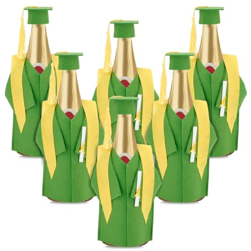 AHANDMAKER 6 Sets Graduation Wine Coat Bottle Covers Sets Green Bachelor Cap & Gown Wine Bottle Cover Graduation Bottle Covers Wine Bottle Decoration for Champagne Graduation Party, Green