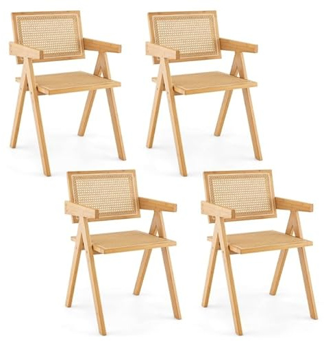 RELAX4LIFE Esszimmerstühle 4er Set, Küchenstuhl aus Bambus Rattan, Akzentstuhl mit Gewebtem Sitz, bis 130 kg belastbar, Rattanstuhl für Wohnzimmer Esszimmer (4)