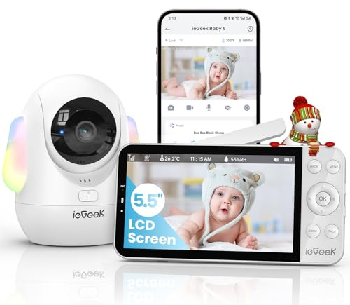 ieGeek 5.5 Baby Monitor,Audio Monitor with 2.5K Ultra HD 2.4G&5Ghz WiFi Camera,Night Light,Face Covering&Cry Detection,Two-Way Talk,Night Vision,Temp&Humidity Sensor,4000mAh Battery,App Control