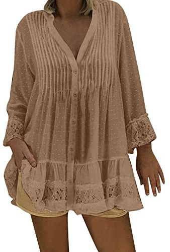 Chemisier Femme Coton Lin Col en V Manches Longues Tops Tunique D'été Bohème Couleur Unie Oversize Blouse Shirt Casual Vintage Tunique Blouse Chic et Élégant Chemisiers et Blouses Femme