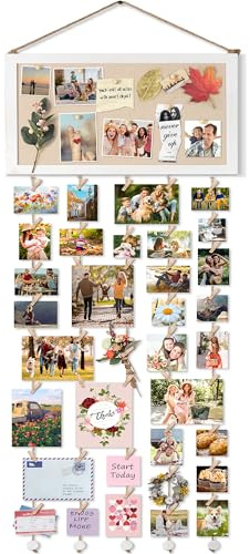 VINCOURNA Hängande Fotodisplaystavla med 30 Mini Träklämmor, DIY Fototavla Fotopinnar och Snöre Hängande Fotosnöre Multi Fotoramar för Vägg Collage Fotohållare Vit - Stor