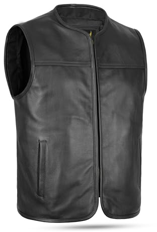 Leatherick Chaleco de motociclista de piel de vaca auténtica para hombre: chaleco clásico con cremallera frontal (FR/ES, Letras, M, Regular, Regular, Negro)