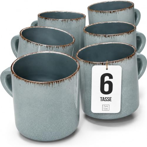 Steingut kleine Tassen 6 Pers. Rustic Hochwertiges Landhausstil TEST SEHR GUT Tassen Set, Spülmaschinen-, Mikrowellen- und Kratzfest - Stylisches Tee- und Kaffeebecher Set - Pure Living in Rauchblau