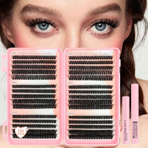Parriparri Wimpern Extensions Set 580 Stück 60D/80D/100D 10-16mm Lashes | Volumen D Curl Lash Cluster mit Kleber & Entferner, Wiederverwendbare Einzelne Wimpern, Natürlich, DIY zu Hause