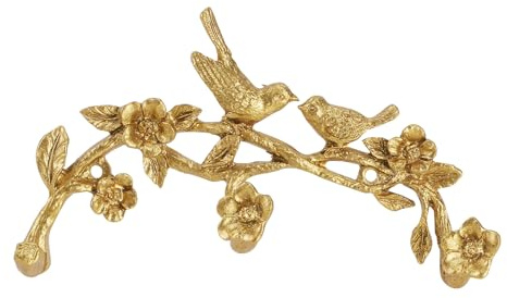 Bolifish Vintage Gold Wall Hook Rack with 3 Hooks, Bird On Branch with Flowers and Leaves Decorative Wall Mounted Hook Holder for Coats, Hats, Keys, Towels and Clothes