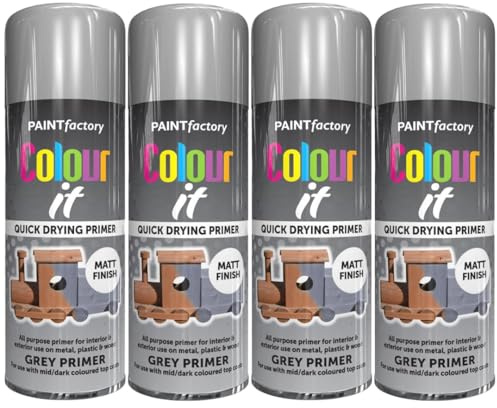 Spray Paint Grey Primer Matt Finish 400ml - 4 Pack Quick Dry Aerosol Can All Purpose for Wood, Metal, Plastic, Interior & Exterior