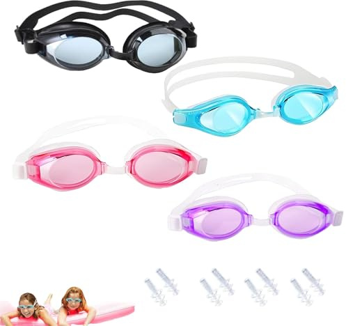 Syylqyr 12PCS Swimming Goggles, Soft Teens Goggles with Ear Plugs Adjustable Strap for Teen for Outdoor Water Park Water Beach Pool Activities Black Blue Pink Purple