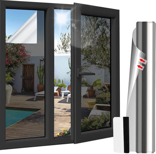 Lámina de protección solar para ventana, interior, 60 x 400 cm, lámina de espejo, ventana protectora, protección visual, lámina UV, lámina de espejo, lámina térmica, resistente al calor, con cuchillo