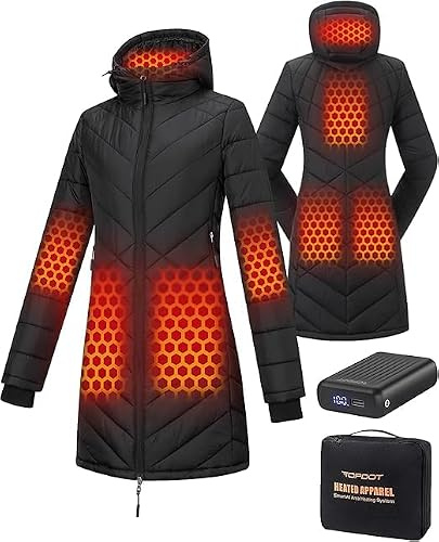 Topdot Beheizbare Fleece Jacke Damen mit Powerbank 12V 18400mAh, 8 Heizzonen, Beheizte Jacke mit 4 Temperaturstufen, Heizjacke für Wärme,Lang,L