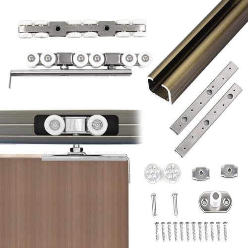 Vibeo Schiebetürbeschlag Schiebetürschiene mit 12 Rollen, Aluminium-Schiebetürbeschlag-Set, Leichtgängiges und Leises Schiebetürsystem für Obenliegende Schranktüren(9.8ft/300cm)