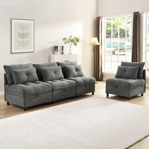 [Wolken-Modulsofa]4-Sitzer modulares trennbares Sofaset:Frei kombinierbar+Stauraum unter allen Sitzkissen+Schlaffunktion+Chenille-Bezug,Freie Raumgestaltung mit Wohnzimmer-Sofabett-Kombinatio (Grau)
