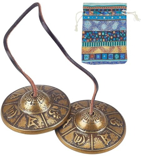 WADORN Tibetisch Glocken Tingsha Becken Meditation Klangschale mit Tibetisch Zugband Stoff Beutel 6.6 cm Yoga Finger Perkussion Instrument Messing Klangheilung Gong für Klangbad Praxis