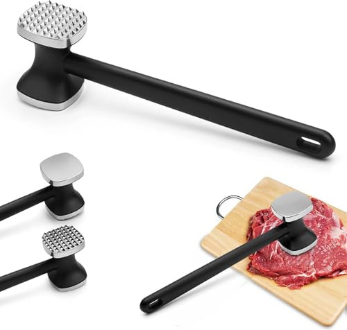 MYLERCT Fleischhammer Silbernes Quadrat, Doppelseitiger Meat Tenderizer | Schnitzelklopfer, Zartmacher mit Rutschfestem Griff, Flache & Geriffelte Seite für Schnelles Marinieren und Zartes Fleisch