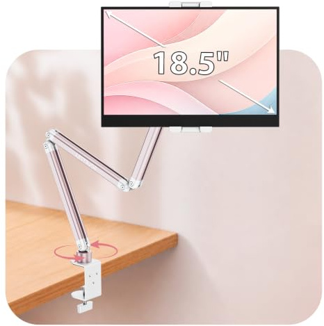Urmust Portable Monitor Halter, Tablet Halterung Tisch mit Klemme Rosa | Aluminium 360 Grad drehbarer Verstellbarer 3-Arm Staender fuer Homeoffice, Kueche, Nachttisch und 4,7-18,5 Zoll Geraete