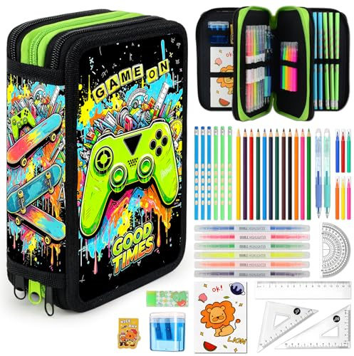 TOYTOPIE Estuche Escolar 3 Compartimentos Niño, Plumier Triple Escolar 41 Piezas, Estuche Escolar Completo con Bolígrafos Borrables, Lápices de Colores, Rotuladores, Ideal Primaria y Regalo Niño