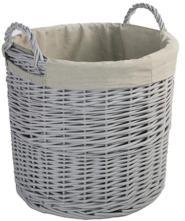Wickerfield Round Wicker Laundry Basket with Lining, Large Storage Basket with Handle, Home Storage for Washing, Toys, Nursery (Classic Grey, Medium)