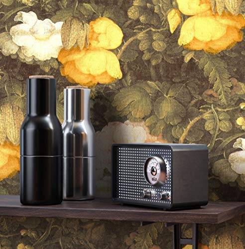 Newroom Vliestapete Gelb Blumentapete Vintage Landhaus Wohnzimmer | Pfingstrosenmotiv Weiß auf dunklem Olivgrün, Leinenstruktur matt, ansatzfrei, Mustertapete Schlafzimmer Flur