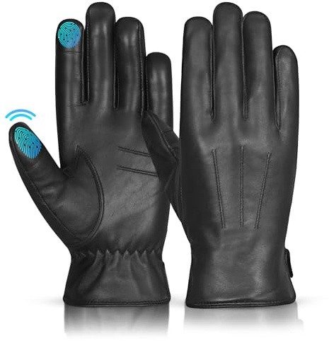 Guantes de piel auténtica, para conducir, para hombre, con forro de cachemira de lana, compatibles con pantallas táctiles, guantes de invierno de cuero cálido Negro Negro