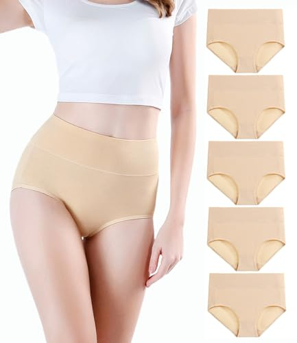 wirarpa Women's Underwear High Waisted Ladies Cotton Panties Soft Full Coverage Briefs 5 Pack Beige 4X-Large