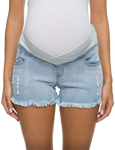 Foucome Maternity Jean Shorts Under Bump Wide Elastic Band Waist Pregnancy Denim Shorts for Women (Light Blue, S)