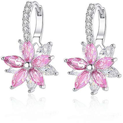 Josfeva Damen Kreolen Ohrringe Hängend Silber - Klein Hoop Ring Huggie Kreolen mit Blumen und Rosa Zirkonia - Sommer Creolen Ohrschmuck mit Geschenkbox für Mädchen