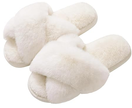 Evshine Fluffy Slippers Women Memory Foam Ladies Slippers White 5-6