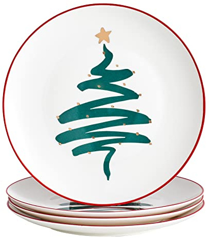 Swuut Teller aus Bone China für Weihnachtsfeiertage – Dessertteller – Salatteller, 4er-Set, spülmaschinenfest (Baum, 26 cm)