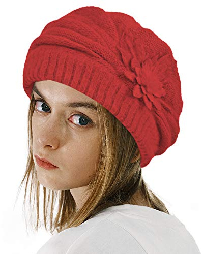 Womens Knitting French Beret Artist Painter Cap Winter Fleece Lined Beanie Hat (Red)