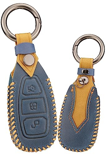 KUNIO Schlüsselhülle Passt für Ford Kuga Focus RS MK3 MK4 Fiesta C-Max Galaxy Escape Ecosport Mondeo Leder Autoschlüssel Hülle Schlüsselanhänger Schlüsselschutz Schlüsselcase A Blau