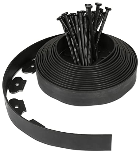 Gimisgu Flexible Rasenkante Kunststoff mit 30 Erdanker zur Verankerung, Flexible Beeteinfassung Wurzelsperre rund Beetumrandung Länge 10m Höhe 5cm schwarz