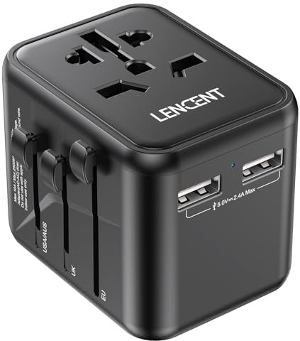 LENCENT Adattatore Spina Universale, Presa Internazionale con 2 Porte USB, Caricatore Spina da Viaggio per Europa, Stati Uniti, Canada, Regno Unito e Australia, Mini & Compatto, per 200+ Paesi -Nero