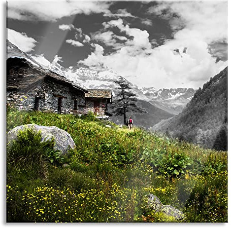 Pixxprint Glasbild, Wandbild auf Echtglas, Steinhütte auf Berg, 60x60 cm, inkl. Aufhängung und Abstandshalter