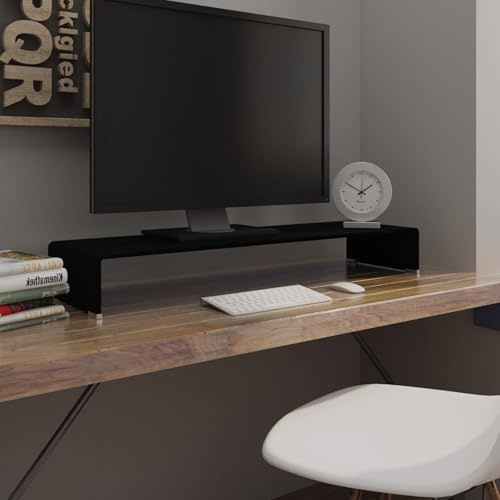 Homgoday Support pour moniteur, support télévision/élévateur en verre noir, 100 x 30 x 13 cm, meuble télévision, organisateur de bureau pour bureau et maison, support TV pour ordinateur, ordinateur