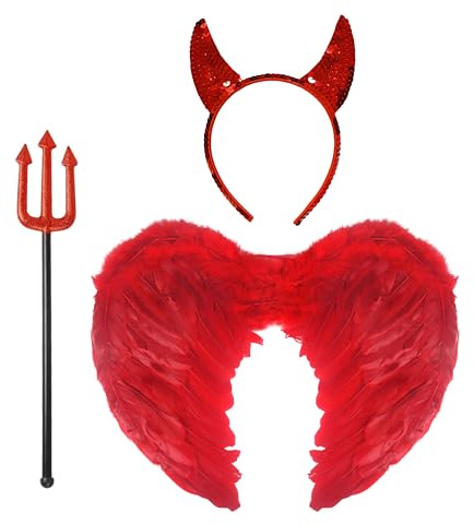Lizzy 3pc Devil Costume Set Red Angel Wings Sequin Devil Horns & Trident Fork Fancy Dress Accessory for Halloween Party Cosplay