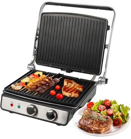 ProfiCook® Griglia a contatto per grigliare senza grassi, per esempio panini, bistecche, toast, griglia elettrica con termostato regolabile in modo continuo, barbecue con apertura a 180°, 2000 W,