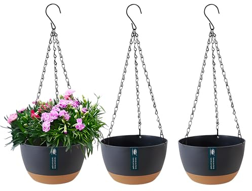 YuanDiann 3er Pack Hängende Blumentöpfe mit abnehmbarem Tablett, Selbstabsorbierende Hängepflanze Blumentopfkorb aus Kunststoff Außen Innen Blumenampel Haus Garten Balkon Dekoration Dunkelgrau 24.5cm