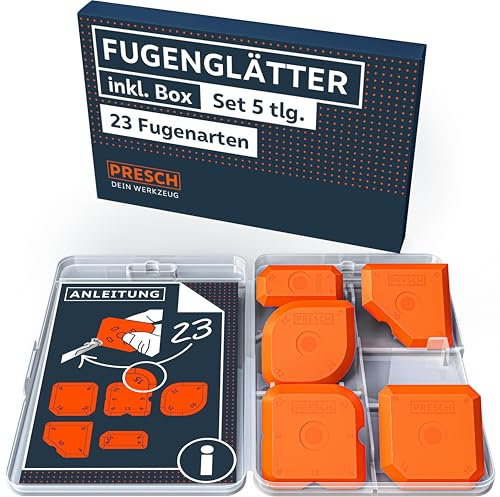 Presch Fugenglätter Set 5tlg. - Makellose Fugen dank extrem gerader Kanten - Spezialnoppen für leichtes Aufheben - Ideal für Dichtstoffe wie Acryl, Silikon uvm. - Silikon Abzieher inkl. Box