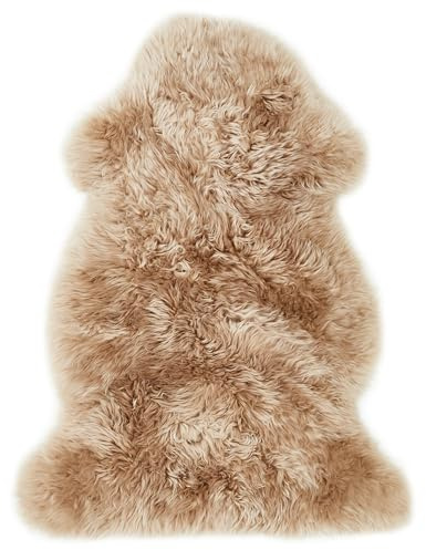 -LUXOR- living Schaffell echt, Fellteppich, Bettvorleger, 60 x 85 cm, Camel | Oberseite 100% Wolle, Rückseite 100% Leder gegerbt, Florhöhe ca. 50 mm, Kuschelteppich