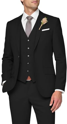 SPTALLFITJSV 3-teiliger Anzug für Herren, schmale Passform, Hochzeitsanzüge für Herren, Elegante EIN-Knopf-Jacke, einreihige Weste, Hose, Schwarz, L