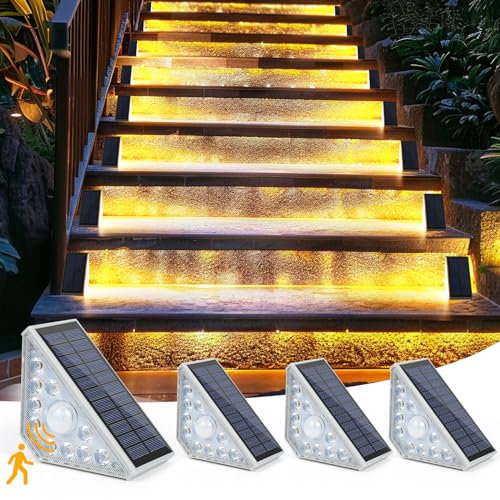 ZWOOS Solarlampen für Außen, 3000K Warmweiß LED Stufenleuchte, Solar Treppenlicht Garten-IP65 Wasserdichte Solar Bodenleuchten Gartenlampen für Gehweg Treppe Weg (4 Stücke Bewegungserkennung)