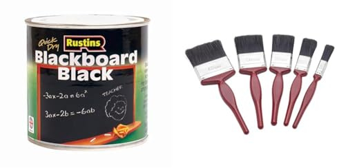 RUSTINS Blackboard Black Paint 250ml & Fit For The Job 5 pc Mixed Sizes Paint Brush Set for a Smooth Finish with Emulsion, Gloss, Satin on Walls, Ceilings