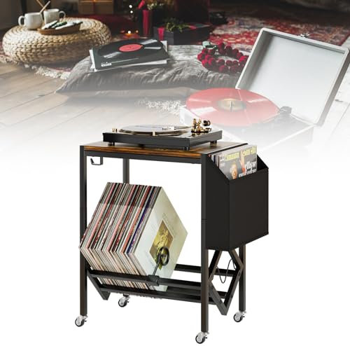 Support de Tourne-Disque à 2 Niveaux avec Roues,Conservez Plus de 80 enregistrements Support de Rangement pour disques vinyles Table d'Appoint pour Albums Magazines avec Armoire de Rangement
