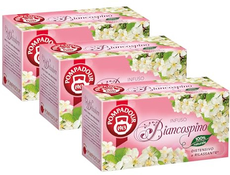 Pompadour, Infuso Biancospino, 60 filtri (3 Confezioni da 20 Filtri), Distensivo e Rilassante, Ideale per la Sera, 100% Naturale, Senza Lattosio, Glutine e Allergeni, Vegan