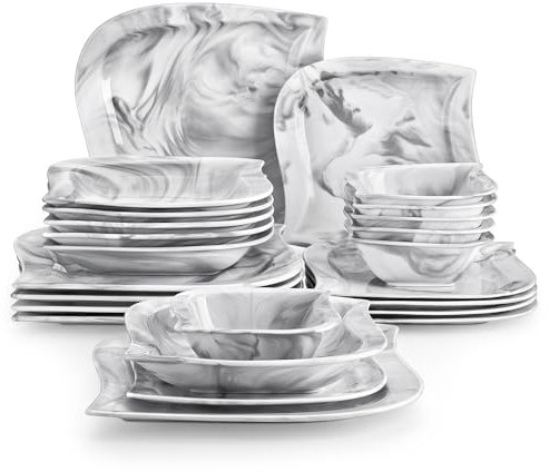 MALACASA Elvira Series 24-Piece Dinner Set, Marble Grey Leaf Shaped Dinner Sets for 6 People, Porcelain Plates and Bowls Set, Ceramic Crockery Set, Elegant Dinner Service, Microwave Dishwasher Safe