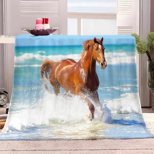 Kuscheldecke Strand Tiere Pferde 220x240 cm Fleecedecke Flauschige Decke Weich Warme Wolldecke auch als Sofadecke Wohnzimmer überwurfdecke und Tagesdecke