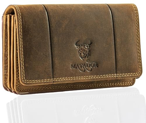 MATADOR Porte Feuilles pour Femme Cuir #VENEDIG avec Noble Boîte Cadeau, Portefeuilles et Porte-Cartes de Luxe avec RFID, Porte Feuille avec de Nombreux Compartiments à Cartes, Marron Chasseur
