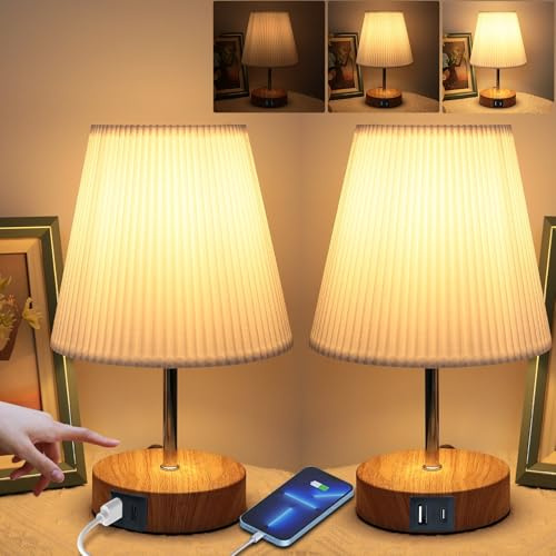Nachttischlampe, Touch Tischlampe mit Kabel für Schlafzimmer, Holzmaserung | HSLighting Kegel Tischleuchte, 3D-Falten Stoffschirm 3-Stufig Dimmbare mit Ladefunktion USB A+C für Nachttisch Wohnzimmer