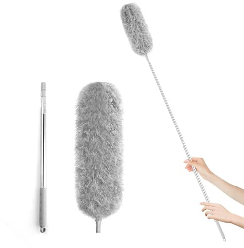 YC Kitchen Spolverino Telescopico Estensibile Fino a 250 cm, Spolverino per Polvere Panno in Microfibra Rimovibile, Manico in Acciaio Inox, Ideale Per Spolverare Tetti, Auto E Casa, Grigio